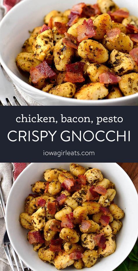 Crispy Chicken, Bacon and Pesto Gnocchi Skillet - Iowa Girl Eats Pesto Gnocchi Recipes Chicken, Simple Gluten Free Dinner Recipes, Dairy Free Gnocchi Recipes, Dinner Ideas Gluten Free, Recipes Gluten Free Dinner, Dinner Recipes Gluten Free, Gluten Free Dinners, Recipes Chicken Breast, Gluten Free Dinner Recipes