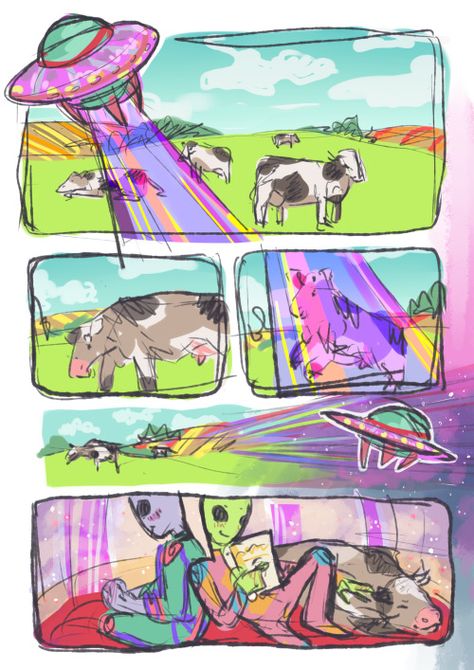 Alien/Cow abduction comic Alien Aesthetic, Pickle Jar, Arte Alien, Cute Alien, Aliens Funny, Alien Art, Cute Comics, Funky Art, Mythical Creatures