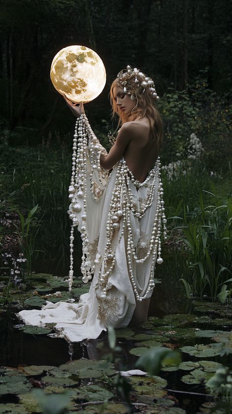 Moon Goddess Photography, Star Goddess Outfit, Sea Goddess Outfit, Witchy Beach Outfit, Celestial Bodies Met Gala, Celestial Goddess Costume, Moon Costume Women, Water Goddess Dress, Goddess Inspired Photoshoot