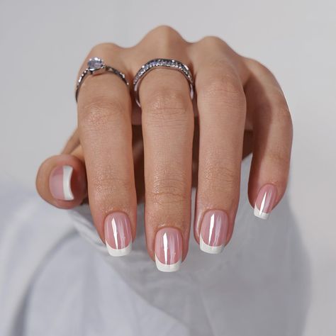 White Nails Gel Short Design, Square Oval French Nails, Short French Tip Polygel Nails, Glaze French Tip Nails, Sqovalnails French Tip, Shirt Classy Nails, Recruitment Nails Sorority, French Tip Nails With Chrome On Top, Short Square White French Tip Nails