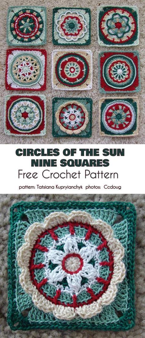 Circles-of-the-Sun-free-crochet-pattern #freecrochetpatterns #crochetgrannysquare #overlaycrochet Crochet Circle In A Square Free Pattern, Crochet Circle Square, Crochet Medallions Free Pattern, Sun Crochet Square, Round Granny Square Pattern Free, Crochet Circle Motif, Circle Granny Square Pattern, Circle Crochet Pattern, Overlay Crochet