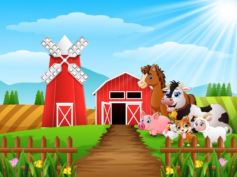 Lindos animales de granja en frente del almacén de ganado Vector Premium Farm Mural, Farm Background, Farm Cartoon, Farm Vector, Blank Sign, 2nd Birthday Party Themes, Cartoon Cow, Farm Birthday Party, Farm Scene