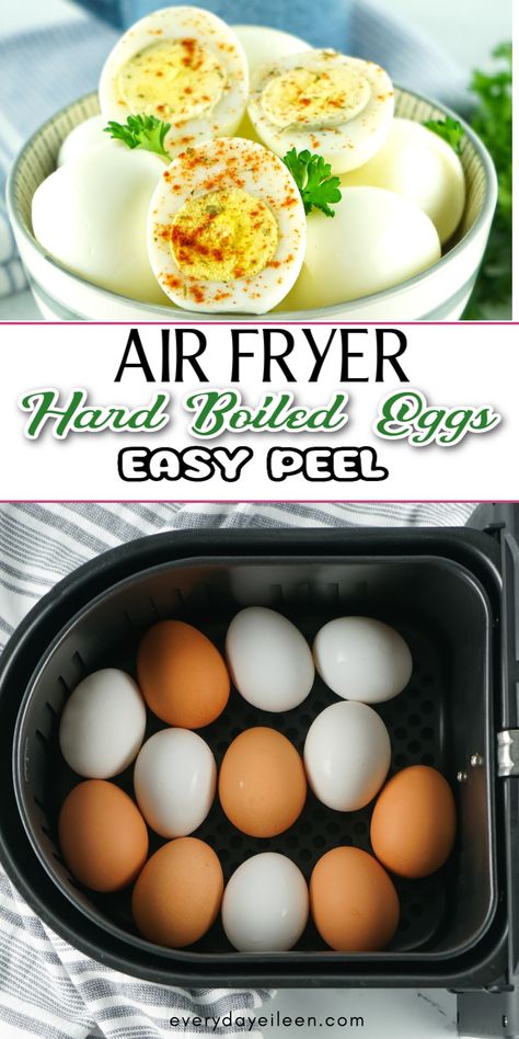 Pinterest pin with text overlay to make hard boiled eggs in the air fryer. Air Fried Hard Boiled Eggs, Hard Boiled Eggs In The Air Fryer, Boiled Egg In Air Fryer, How To Hard Boil Eggs In Air Fryer, Hard Boil Eggs In Air Fryer, Boiling Eggs In Air Fryer, Air Fryer Boiled Eggs Time, Air Fryer Chocolate Croissant, Hardboiled Eggs In Air Fryer