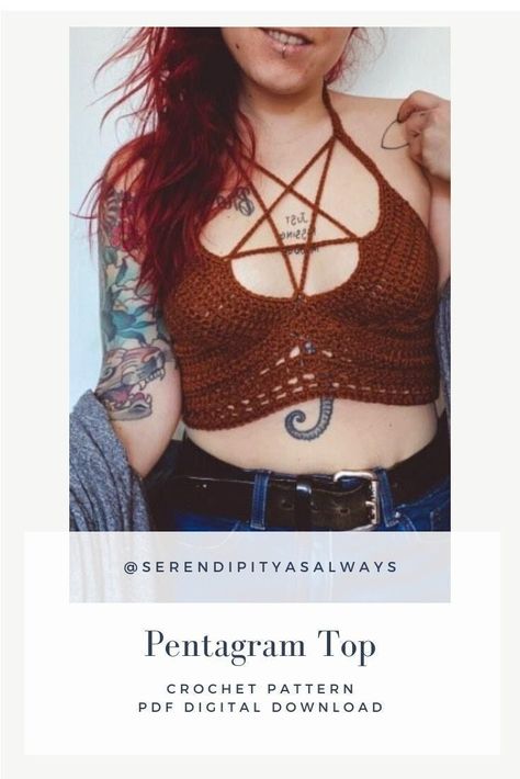 Crochet Pentagram Top Pattern, Crochet Pentagram Top Pattern Free, Plus Size Crochet Patterns Free, Crochet Crop Top Pattern Free, Goth Crafts, Crop Top Crochet Pattern, Triangle Scarf Crochet Pattern, Hooded Scarf Pattern, Crochet Festival Top