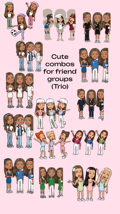 Matching Bitmojis For 3 Best Friends, Bitmoji Outfits 3 Friends, Snapchat Duo Outfits, Cute Bitmoji Outfits Ideas Snapchat 2024, Trio Snapchat Outfits, Trio Matching Bitmoji Outfits, Crazy Bitmoji Ideas, Bitmoji Outfits 2024, Trio Bitmoji Ideas