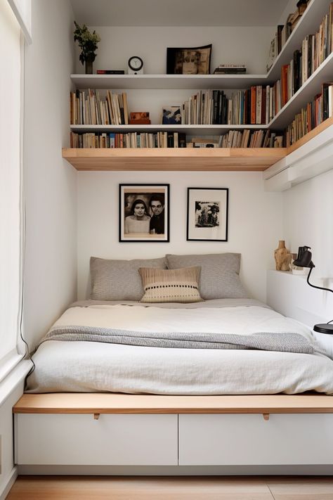 Maximize your small bedroom with smart organization hacks! This post reveals clever tips to optimize, and enhance your space. Find out how to create a functional, serene oasis, no matter the size. #SmallBedroom #SpaceSaving #OrganizingTips Built In Bed Small Bedroom, Tiny Bedroom Full Bed, Tiny Bedroom Just Bed, Micro Bedroom Storage, Ikea Bedroom Ideas For Couples Small Spaces, Bed In Narrow Space, Cozy Bedroom With Storage, Bedroom Tiny Space, Double Bed In Box Room