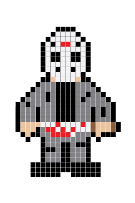 Jason Voorhees Fuse Bead Pixel Pattern #halloween #character #fusebead #perlerbead #pattern #craft #pixel #pixelart Jason Voorhees Perler Beads, Horror Ornaments, Pixel Art Horror, Pixel Art Halloween, Pixel Macrame, Pixel Blanket, Screaming Drawing, Keychain Patterns, Grid Patterns