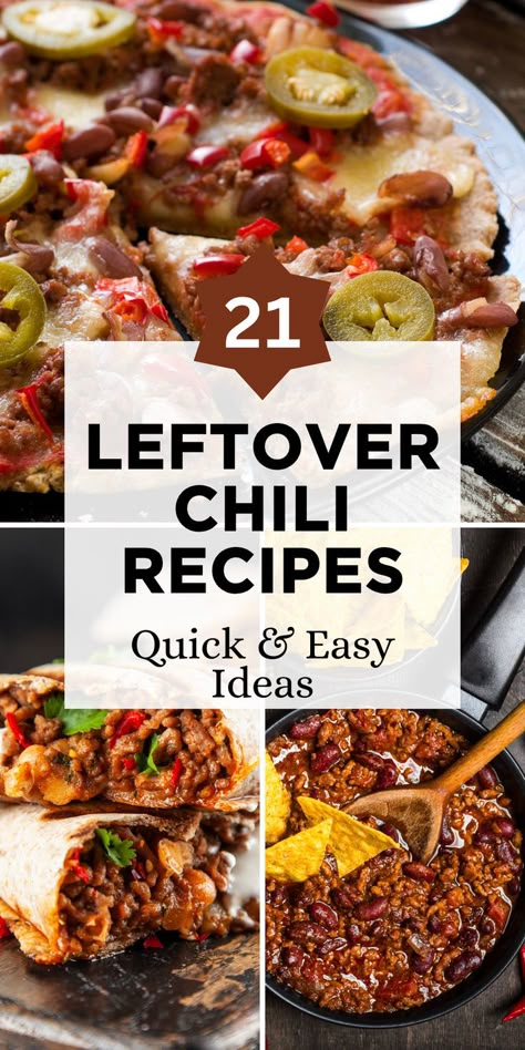 Reinvent Your Leftover Chili with 21 Quick and Easy Recipes! Transform it into delicious casseroles, hearty tacos, or comforting soups. Click for innovative ideas to give your chili a tasty second life! Ways To Use Chili Leftovers, Dinners With Chili, Things To Make With Chili Leftovers, Chili Ideas Dinners, What To Do With Chili Leftovers, How To Use Leftover Chili, Uses For Leftover Chili, Chilli Meals Ideas, Leftover Meals Ideas