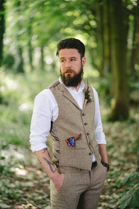 Boho Men Suit Wedding, Informal Wedding Men Outfit, Mens Boho Wedding Attire Groom Outfit, Boho Wedding Man Suit, Non Traditional Grooms Attire, Relaxed Wedding Groom Attire, Boho Male Wedding Attire, September Groom Attire, Enchanted Forest Wedding Groom Attire