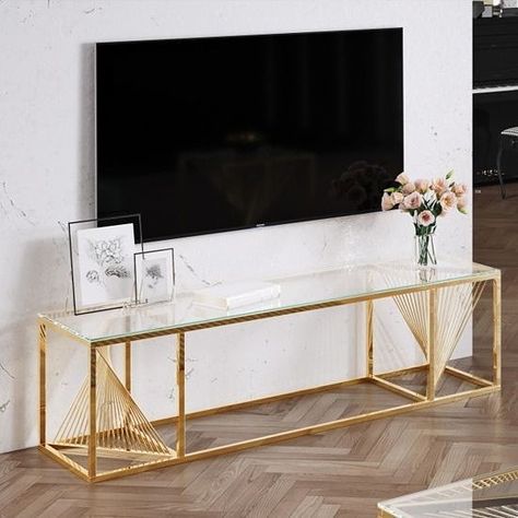 Wall Mounted Entertainment Unit, Sala Industrial, Gold Tv Stand, Glamorous Bathroom Decor, Glamorous Bathroom, Bedroom Tv Stand, Glass Tv Stand, Steel Furniture Design, Metal Furniture Legs