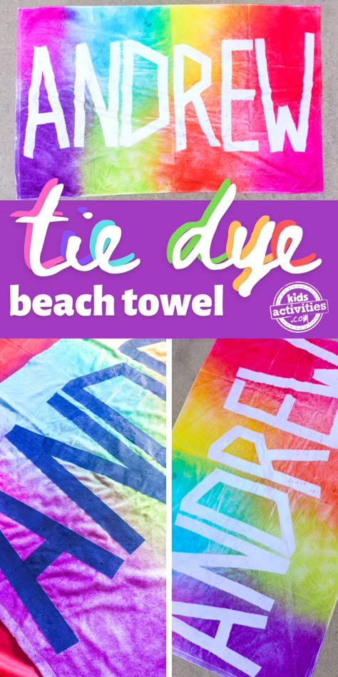 Tye Dye Beach Towel With Name, Tie Dye Bath Towels Diy, Tye Dye Beach Towels, Stuff To Tie Dye, Tie Dye Beach Towel With Name, Tie Dye Mermaid Party, Tie Dye Name Towel Diy, How To Make Cool Tie Dye Designs, Tie Dye Projects For Kids