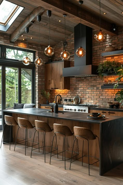 40 Decor Ideas for Large Walls: Maximizing Your Space with Style Lofted Kitchen Ceiling, Moody Kitchen Lighting, Dapur Rustic, Modern Kitchen Island Design, Rustic Industrial Kitchen, Large Walls, Loft Designs, Industrial Kitchen Island, Modern Luxury Kitchen