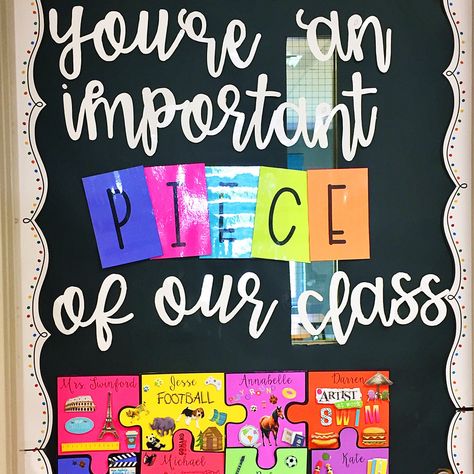 I love our classroom door. I printed individual puzzle pieces on @astrobrights card stock. On the first day of school, students decorated… Bulletin Boards Elementary, Welcome Bulletin Boards, Door Bulletin Boards, Elementary Bulletin Boards, Kindergarten Bulletin Boards, Teacher Bulletin Boards, School Door Decorations, Classroom Doors, Preschool Bulletin