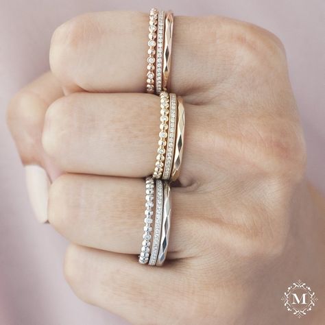 MARS Fine Jewelry: Ladies Wedding Bands - Faceted Style 27249 - Bead Set Style 27245 - Pave Style 27242 Wedding Rings Boho, Stacking Jewelry, Stackable Rings Wedding, Dainty Band, Diamond Stacks, Wedding Band Designs, Gold Bubbles, Stack Ring, Engagement And Wedding Rings