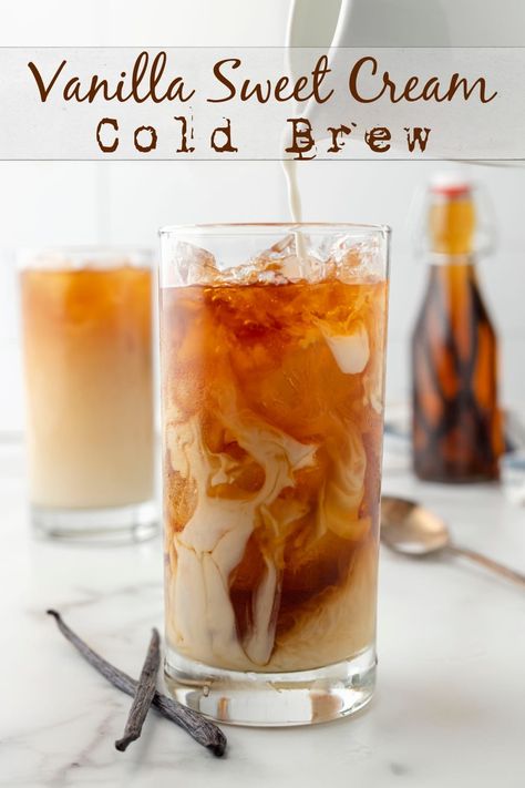 Refreshing vanilla flavored cold brew, with your favorite sweet cream is the best Starbucks copycat recipe. So easy to recreate and enjoy at home. via @cmpollak1 Copycat Starbucks Vanilla Sweet Cream Cold Foam, Flavored Cold Brew, Homemade Vanilla Sweet Cream Cold Brew, Starbucks Vanilla Sweet Cream Cold Brew, How To Make Vanilla Sweet Cream Cold Brew, Starbucks Vanilla Sweet Cream, Vanilla Cold Brew, Starbucks Sweet Cream, Pig Recipes