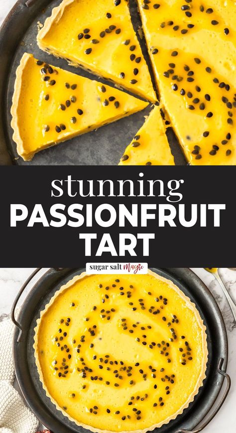 This passion fruit tart, with it’s crisp tart shell and easy passionfruit curd custard filling tastes as good as it sounds. It’s all kinds of tropical dessert bliss. This passion fruit tart is what tropical dreams are made of. Creamy passionfruit filling, in the most perfect shortcrust pastry tart crust. Beautiful and summery and it can't help but make you smile. It's somewhat ironic that I was photographing this gorgeous sunny looking tart in the midst of a solar eclipse. Passionfruit Tart Recipe, Passion Fruit Layer Cake, Passion Fruit Tart Recipe, Passionfruit Dessert Recipes, Passion Fruit Curd Recipe, Passion Fruit Cheesecake Recipe, Recipes With Passion Fruit, Passion Fruit Pie Recipe, Passion Fruit Filling