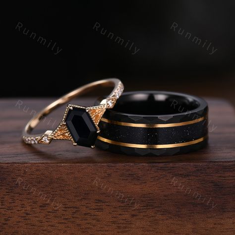 Here we have a Antique Black Onyx Couples Ring Yellow Gold Matching Ring Set His and Hers Wedding Band Mens Black Sandstone Ring Promise Ring For Couples. ITEM DESCRIPTION ✦ Handmade, high-quality item! ✦ Material: Sterling Silver/Tungsten ►Sold as a two-piece set ►His ring is Yellow Gold and Black Tungsten Carbide with black sandstone inlay. ►His band width: 8mm ►His tungsten ring will not turn green itself and will not cause your skin to turn green.  ✦ Durable - Incredibly Scratch-Resistant to Mens Black Engagement Rings, Marry Rings Couples, Matching Promise Rings Gold, Black Onyx Wedding Set, Man Promise Ring, Goth Wedding Ring Set, Couples Rings Matching, Wedding Ring Ideas Couple, Matching Promise Rings Couple Unique