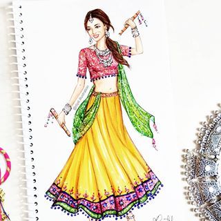 Navratri is celebrated with such joy and immense gratitude. Traditional dance form is most loved part of this divine festival 🌟 #navratri #garba #indianfestival #celebration #chaniyacholi #silverjewelry #illustration #art Fashion Drawing Sketches, Dress Illustration, Dress Design Drawing, Fashion Illustration Sketches Dresses, Fashion Design Sketchbook, Fashion Sketches Dresses, Fashion Drawing Dresses, Sketches Dresses, Fashion Sketchbook