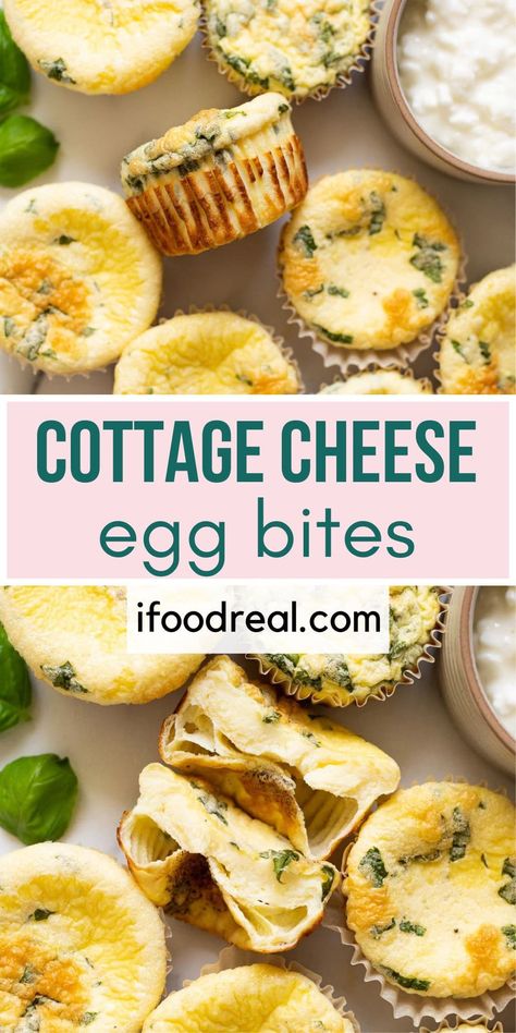 Baked Cottage Cheese Egg Bites are light, fluffy, and full of protein. Make a batch on the weekend and enjoy healthy breakfast all week. Egg Bites Cottage Cheese, Baked Cottage Cheese Eggs, Cottage Cheese Breakfast Recipes, Baked Cottage Cheese, Cottage Cheese Egg Bites, Macros Meals, Macro Foods, Cheese Egg Bites, Cottage Cheese Recipes Healthy