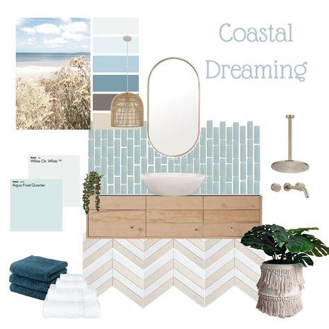 Coastal Calm Bathroom, Coastal Hamptons Bathroom Ideas, Beach Vibe Bathroom Ideas, Beach’s Bathroom, Coastal Beach Interior, Beach Club Bathroom Design, Colour Schemes For Bathroom, Coastal Concept Interior Design, Coastal Style Bathroom Ideas