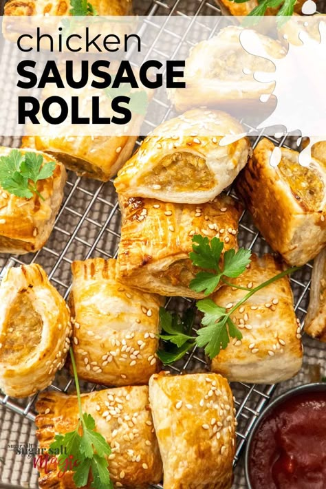 Chicken sausage rolls are a flavoursome chicken filling wrapped in flaky, golden puff pastry. Perfect for parties, kids snacks or gameday snacks, these easy sausage rolls are an absolute crowd pleaser. Kids and adults alike love sausage rolls – they’re easy to make, full of flavour and suit every occasion. We love making these for a weekend lunch or dinner when we’re watching the Big Bash or the footy. #sugarsaltmagic #sausagerolls #chickenrecipes #snacks Chicken Sausage Puff Pastry, Sausage Rolls Recipe Puff Pastries, Turkey Sausage Rolls Puff Pastries, Chicken Sausage Rolls Recipes, Savory Fillings For Puff Pastry, South African Party Food, Dinner Ideas With Sausage, Footy Food, Sausage Rolls Puff Pastry