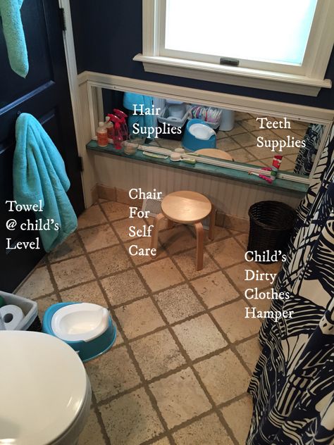 Montessori toddler bathroom, prepared environment for an 18-month-old, Independence building bathroom Montessori Bathroom, Building Bathroom, Toddler Bathroom, Bathroom Picture, Montessori Bedroom, Montessori Room, Ledge Shelf, Montessori Learning, Montessori Ideas