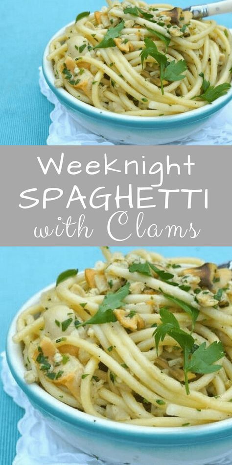 Weeknight Spaghetti with Clams: With just five ingredients and minimal prep, this supper can be knocked out in the time it takes to cook the pasta.#pastanight #spaghetti #clams #weeknightrescue Recipes Using Canned Clams, Recipes With Canned Clams, Spaghetti And Clams, Spaghetti And Clams Recipe, Spaghetti Clams, Canned Clam Recipes, Clam Spaghetti Recipe, Clam Pasta Recipe, Spaghetti With Clams