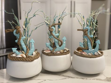 Beach Themed Centerpieces Diy, Beach Table Decorations Sea Theme, Seashell Centerpieces Diy, Coastal Theme Party Decor, Dining Room Table Centerpiece Ideas Coastal Beach Themes, Diy Coastal Decor Craft Ideas, Ocean Table Decorations, Coastal Table Centerpiece, Dollar Tree Beach Decor Diy