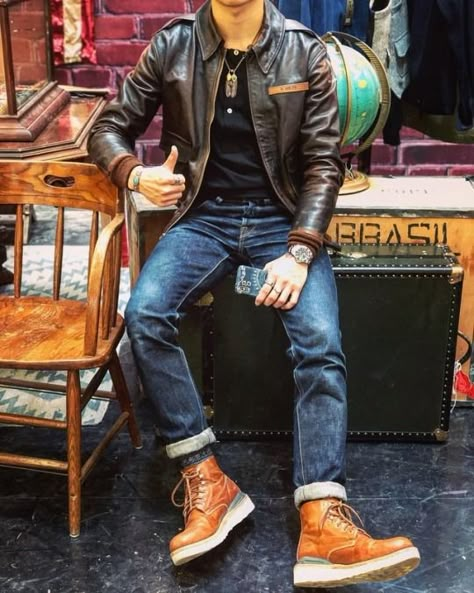 Vintge&Denim Red Wings Boots Outfit, Fashion In 2023, Rugged High-top Suede Chukka Boots, Rugged Distressed Denim Blue Jeans, Men's Fall Fashion, Blue Jeans Outfit Men, Rugged Selvedge Jeans In Rigid Denim, Blue Jeans Outfit, Rugged Selvedge Rigid Denim Jeans