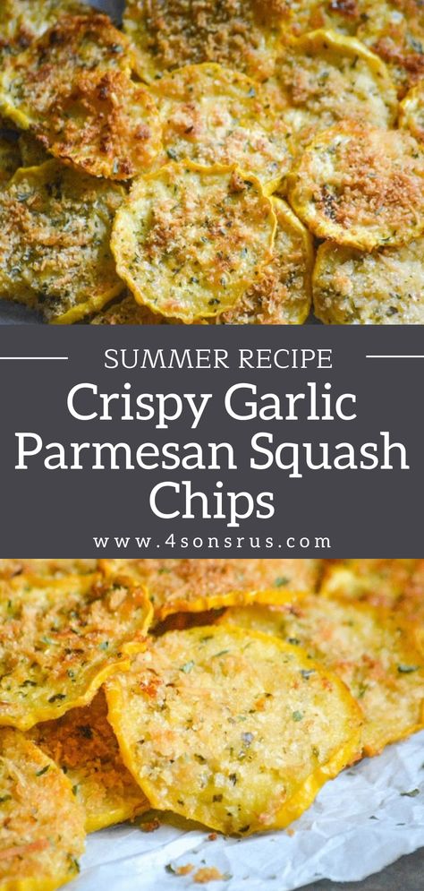 Squash Chips, Parmesan Squash, Veggie Side Dish Recipes, Summer Squash Recipes, Crispy Garlic, Chips Recipe, Air Fryer Recipes Healthy, Homemade Snacks, Fresh Summer