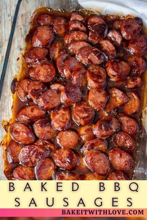 Easy, tasty bbq baked sausages are a go-to weeknight main dish for quick dinners on short notice! This recipe is practically effortless but so flavorful that your kids will want this dish to be a regular part of your menu rotation! Bbq Sausages, Smoked Sausage Recipes, Best Dinner Ideas, Bbq Sausage, Kielbasa Recipes, Sausage Bake, Sausage Dishes, Sausage Recipe, Favorite Dinner