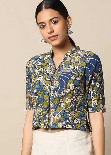 Kalamkari Tops, Kalamkari Blouse Designs, Stylish Saree, Designer Saree Blouse, Long Blouse Designs, Kalamkari Designs, Kalamkari Blouse, Cotton Saree Blouse Designs, Cotton Blouse Design