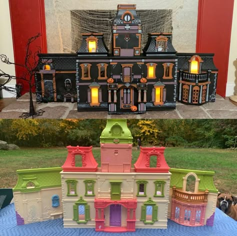 Painted Dollhouse Halloween, Doll Haunted House Ideas, Dolls House Halloween, Halloween Home Crafts, Halloween Dollhouse Furniture, Halloween Haunted Doll House, Halloween House From Doll House, Painted Halloween House, Doll House Repurpose