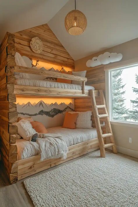 Bunk Room Loft, Bunk Bed Guest Room Ideas, Kids Built In Bunk Beds, Kid Loft Bed Ideas, Boys Room Bunk Bed, Kids Small Room Ideas, Loft Bed Layout Ideas, Kids Bedroom Bunk Beds, Small Boys Room Ideas