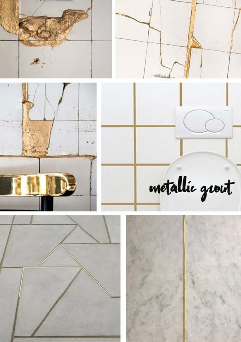 metallic grout gold and copper mettlaic grout become very popular and gold grout or copper grout can be a budget idea to add sparkle to your ordinary white tiles or paired with marble tiles is amazing. This is based on kitsugu japanese trend on repair what's broken with gold! Metallic Grout, Gold Grout, Creative Tile, Copper Bathroom, Tile Grout, 아파트 인테리어, Tile Inspiration, Budget Bathroom, Marble Tiles