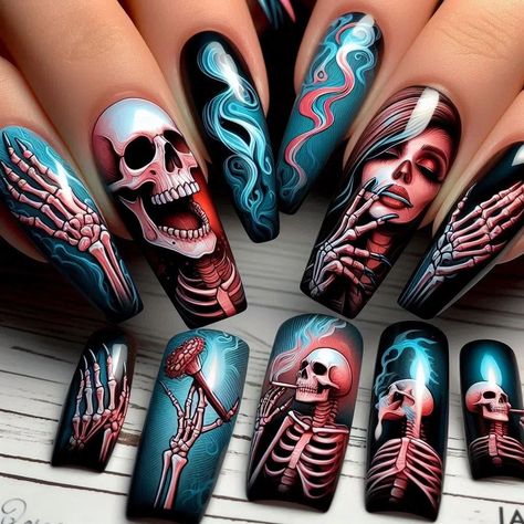 Bring your nails to life with our spectacular skeleton designs! 💀🖤✨ From detailed skulls to elegant bone patterns, we have everything you need for a spooky and chic look. Dare to stand out and show your boldest side. Don't forget to follow us and share your designs by tagging us to be part of our community. Your nails have never looked so fabulously terrifying! 🎃💅 #skeletonnails #nailart #naildesigns #halloweennails #spookynails #nailInspo #rainbows #skulls #naildesign #artificialintelligence... Halloween Gel Nails, Gel Nails Designs, Halloween Manicure, Skull Nails, Nail Store, Halloween Press On Nails, Halloween Acrylic Nails, Pointed Nails, Coffin Press On Nails