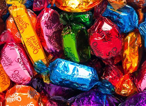 Close Up Objects Photography, Childhood Food Memories, Quality Street Wrappers, 90s Candy Aesthetic, Quality Street Wrappers Art, Quality Street Chocolates Aesthetic, Pile Of Candy, Retro Sweets Uk, Quality Street Chocolates