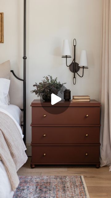 Jenna Sue • Design + DIY on Instagram: "The ultimate Ikea Malm hack 😍  We transformed this basic Ikea chest into a designer-inspired nightstand for a fraction of the cost! All it took was some wood trim, furniture feet and paint. The rich burgundy brown color really takes it to the next level 🤌🏼  I shared all the details yesterday’s blog tutorial—comment LINK and I’ll dm you the info! 👇🏼" Brown Painted Nightstand, Songesand Nightstand, Ikea Malm Diy, Malm Diy, Ikea Hack Nightstand, Birmingham House, Ikea Malm Nightstand, Malm Hack, Bedside Table Ikea