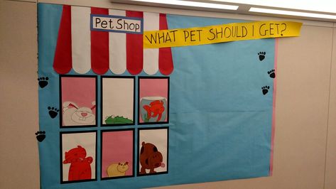 Pet store bulletin board with room for students' writing. Pets Bulletin Board Ideas, Pet Bulletin Board Ideas Preschool, Pets Anchor Chart Preschool, Pet Shop Classroom Theme, Pet Bulletin Board Ideas, Pet Study Creative Curriculum Bulletin Board, Pets Door Decoration School, Pre K Pets Theme, Pet Theme Bulletin Board