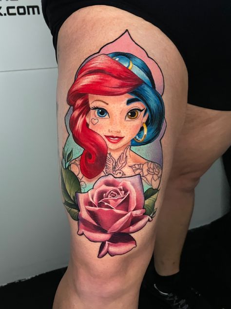 Jasmine & Ariel Disney Princesses Tattoo Ideas, Aladdin Couple Tattoos, Ariel With Tattoos, Disney Jasmine Tattoo, Princess Jasmine Tattoo Ideas, Disney Princess Tattoo Sleeve, Little Mermaid Tattoo Ideas, Disney Princess Tattoo Ideas, Princess Jasmine Tattoo