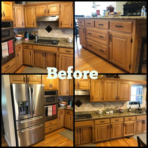 Oak Kitchen Makeover Orange Oak Cabinet Makeover, Oak Kitchen Makeover, Oak Cabinet Makeover, Raised Panel Kitchen Cabinets, Diy Kitchen Cabinets Makeover, Antique White Kitchen, Oak Cabinet, Rustic Kitchen Cabinets, French Country Kitchens