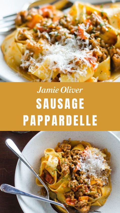 Jamie Oliver Sausage Pappardelle Jamie Oliver Sausage Pasta, Sausage Pappardelle, Papperdelle Recipes, Pappardelle Recipes, Parpadelle Recipes, Pappardelle Recipe, Italian Red Wine, Best Ina Garten Recipes, Pancetta Recipes