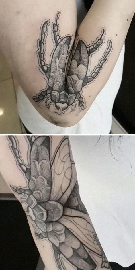 Creative-Moving-Tattoo-Designs Moveable Tattoo, Moving Tattoo Ideas Leg, Beetle Leg Tattoo, Moving Elbow Tattoo, Folding Elbow Tattoo, Moving Butterfly Tattoo, Elbow Bend Tattoos, Moving Tattoo Ideas, Transforming Tattoos