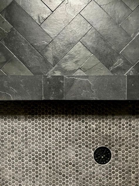 Modern Traditional Bathroom Renovation Modern Craftsman Shower, Modern Bathroom Black Floor, Grey Tile Floor Bathroom Ideas, Slate In Bathroom, Modern Black Tile Bathroom, Dark Grey Penny Tile Bathroom, Moody Bathroom Tile Ideas, Dark Penny Tile Bathroom Floor, Dark Slate Bathroom Floor