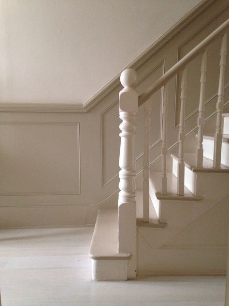 Neutral Painted Stairs, Accessible Beige Staircase, Wanescotting Staircase, Neptune Hallway, Wainscoting Up Stairs, Two Tone Hallway Ideas, Neutral Stairs, Beige Stairs, Painted Stair Banister Ideas