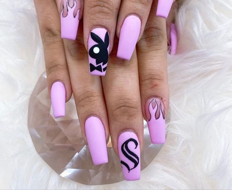 Playboy bunny nails pink flames Funny Bunny Coffin, Playboy Bunny Nails Art, Playboy Bunny Nail Design, Play Boy Nails, Black Play Boy Nails, Playboy Bathroom, Play Boy Canvas Art, Play Boy Bunny Ring, Rocky Wallpaper