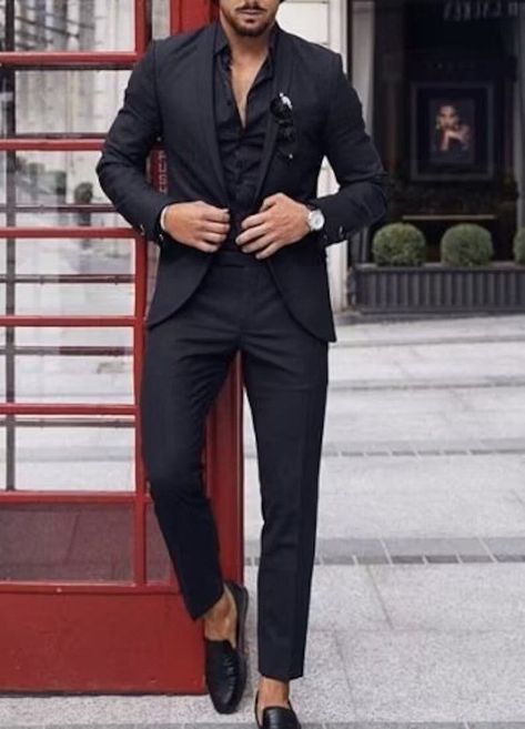 Men Black On Black Suit, Black On Black Mens Formal, Mens Suit Loafers, Men Evening Outfit Formal, All Black Men’s Suit, Mens Wedding Guest Outfit Black, Black Suit Men Wedding Guest, Black On Black Suit Men, All Black Mens Outfit Formal