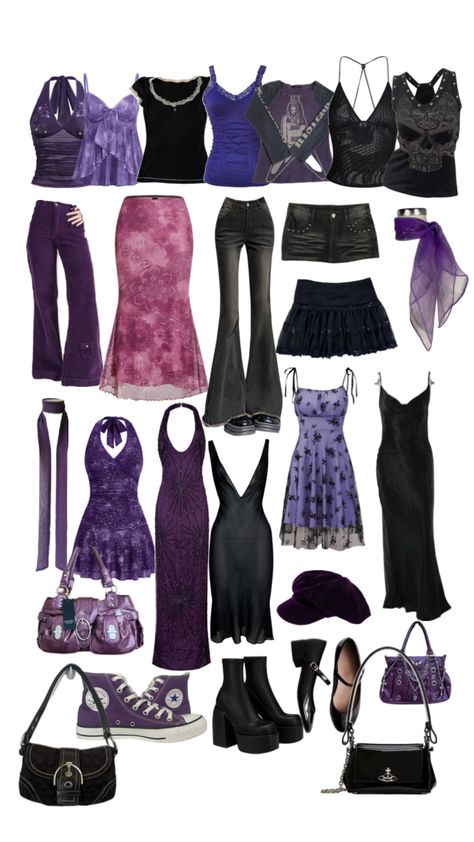 #purple #black #aesthetic #y2k #clothes #style #downtown #whimsigothfashion #outfits #fashion Purple Alt Clothes, Y2k Fashion Purple, Purple And Black Outfits Casual, Mazzy Star Outfit Aesthetic, Concert Outfit Ideas Purple, Colorful Alternative Outfits, Ts4 Y2k Clothes, Purple Clothing Aesthetic, Dark Purple Aesthetic Outfit