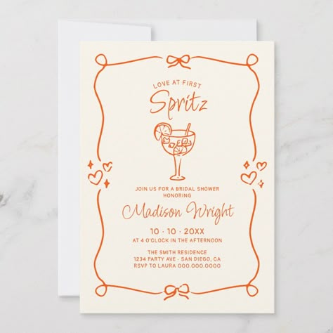 Introducing our enchanting "Love at first Spritz" bridal shower invitation, designed to make your special day even more memorable. This invitation features an orange hand-drawn doodle frame adorned with delicate bows and whimsical hearts and a hand drawn cocktail glass, adding a touch of playful elegance to the design. The whimsical handwritten font beautifully complements the artistic frame, creating a cohesive and charming look that will captivate your guests from the moment they receive it. O Love At First Spritz Bridal Shower Theme, Thats Amore Bridal Shower Ideas, Aperol Spritz Bridal Shower Theme, Love At First Spritz, Engagement Invite, Whimsical Heart, Invitations Ideas, Doodle Frame, Boho Bridal Shower