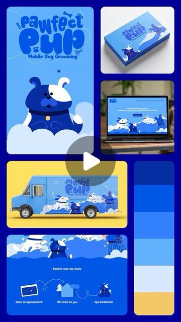 Millie Woodcock on Instagram: "Here’s a breakdown of all the different things I explored for the Pawfect Pup concept brand. Vehicle ad, social media animation, website landing page and business cards. #animation #2danimation #buckuback #design #branddesign #visualidentity #webdesign #illustration #brandillustration #graphicdesign #aftereffects #illustrator #procreateillustration" Social Media Animation, Animation Website, Website Landing Page, 2d Animation, Dog Grooming, After Effects, Visual Identity, Landing Page, Color Scheme